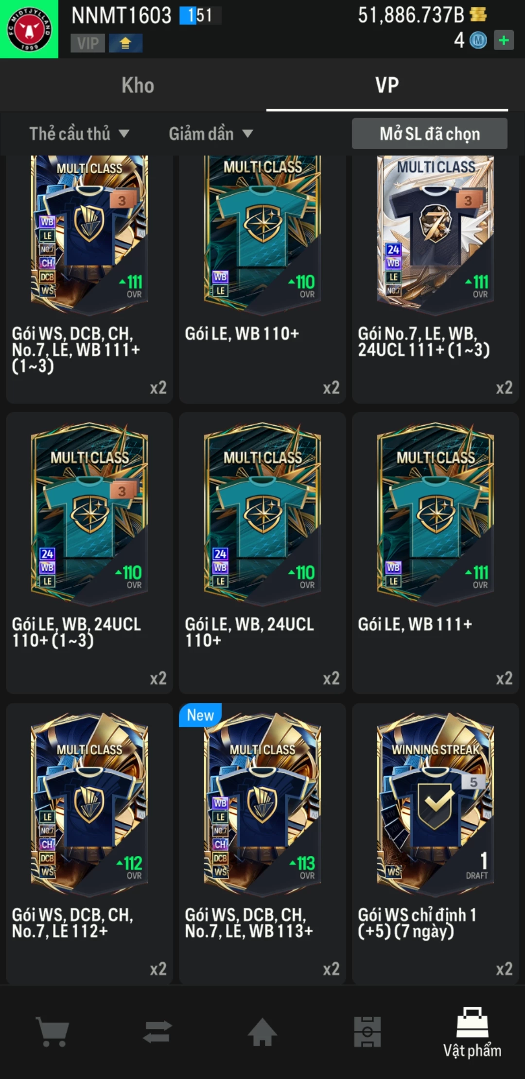 Ảnh ACC mở thẻ (LOẠI SVIP PROMAX) bao gồm có thẻ +12, Thẻ PRIME(QH+, CP+, XS+) và hơn 1500+ đến 1700+ thẻ cầu thủ từ Siêu sao đến Miền núi các loại. Acc có sẵn BP trắng từ 50.000 tỷ BP đến 62.000 tỷ BP